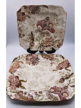 222 Fifth Gabrielle Cream Paisley Square Plates Scalloped Edge 8 1/2 and 10 3/4